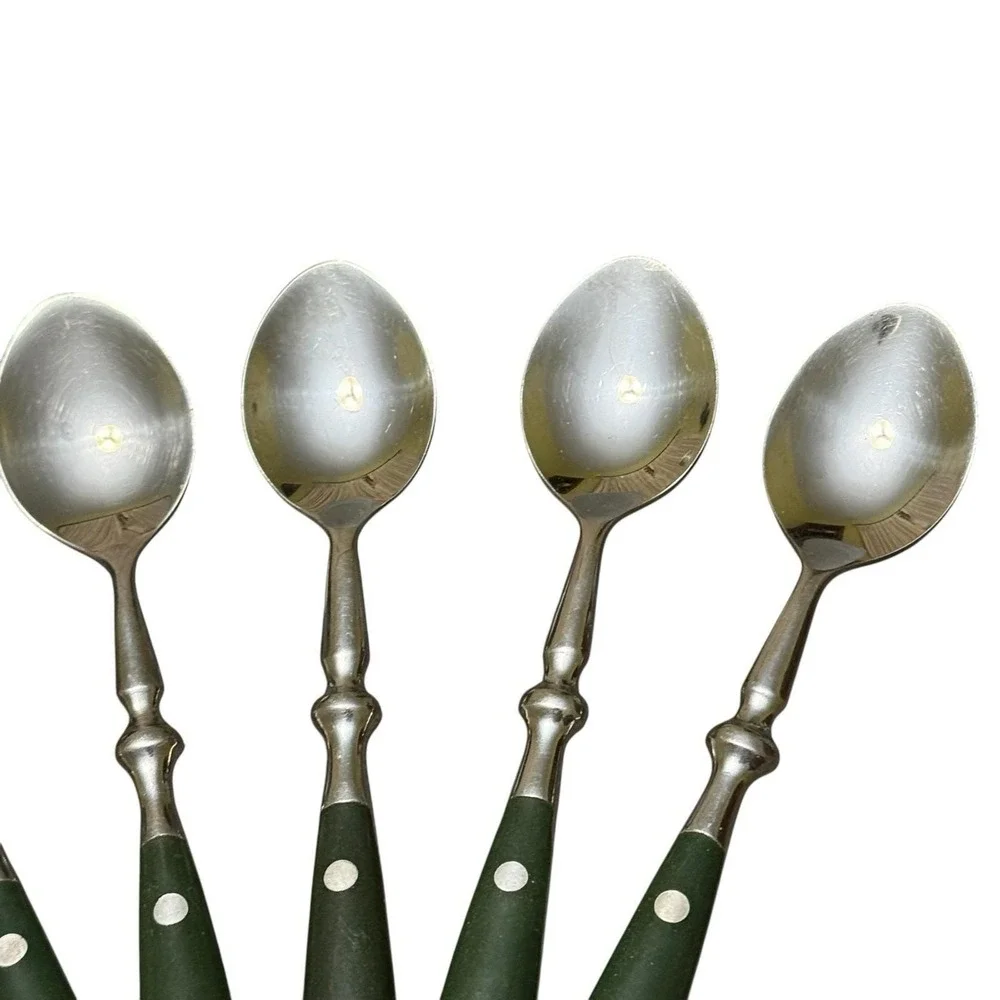 Set 7 Stainless Steel Teaspoons Green Rivet Handle Flatware Vintage